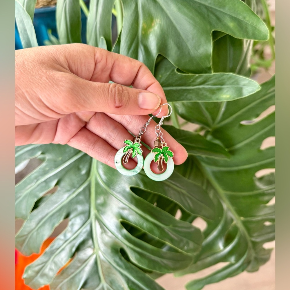 Mother of Pearl & Hematite Earrings with Palm Tree Charms
